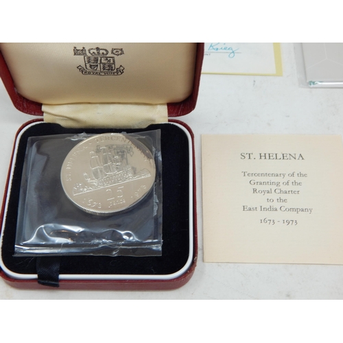 71 - FFE 1973 'Hands' Proof 50 Pence coin; St Helena Silver Proof Crown 1973; Falklands Charles & Diana P... 