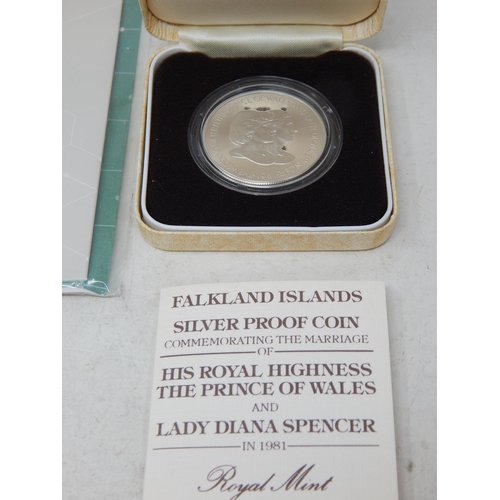 71 - FFE 1973 'Hands' Proof 50 Pence coin; St Helena Silver Proof Crown 1973; Falklands Charles & Diana P... 