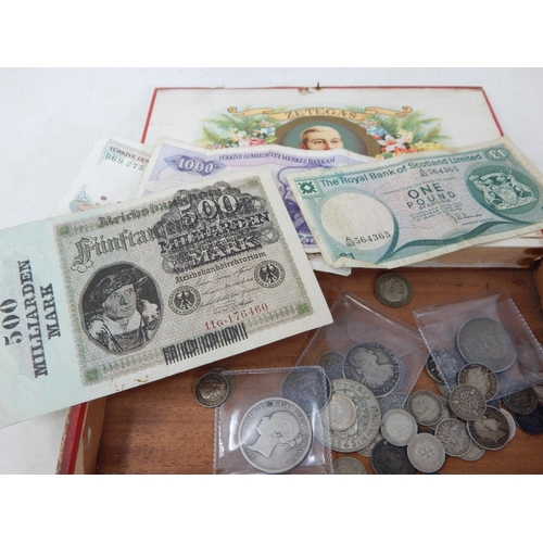 82 - Vintage cigar box containing Charles III Spain Silver 4 Reales dated 1791; Netherlands Silver 1 Guil... 