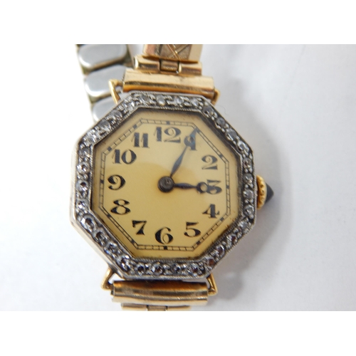 83 - Ladies 18ct Gold Stauffer Swiss SS watch IWC importer wristwatch with diamond bezel.