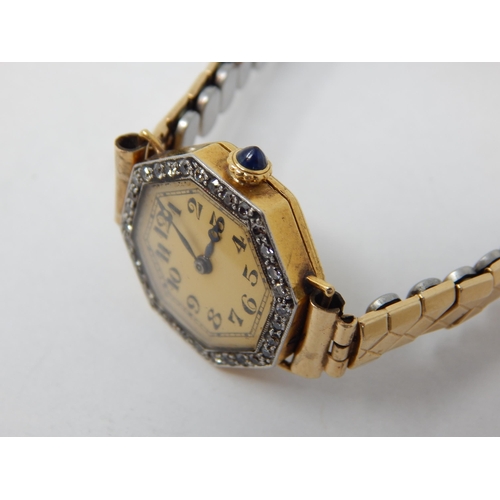 83 - Ladies 18ct Gold Stauffer Swiss SS watch IWC importer wristwatch with diamond bezel.