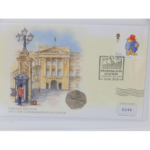 74 - Beatrix Potter 50p Commemorative on UK Limited Edition Stamp and Coin cover; Classic Pooh Tigger 50p... 