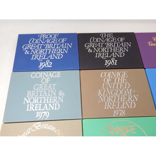 50 - UK Proof Sets 1971 to 1982 minus 1972 (11 sets) all housed in Royal Mint packs of issue, brilliant, ... 