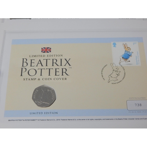 28 - Limited Edition Beatrix Potter Stamp & Coin Cover comprising 4 x different Beatrix Potter coins; Sir... 