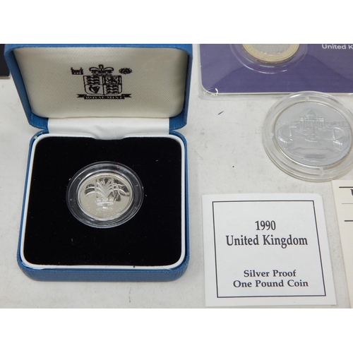 55 - UK Silver Proof Pound 1983; UK Silver Proof Pound 1990; FFE Proof 50p 1973; 75th Anniversary Dambust... 