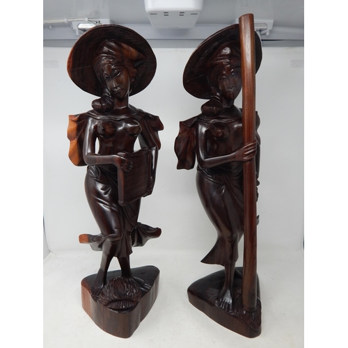 Large Pair of Oriental Hardwood Female Figures: Height 54cm