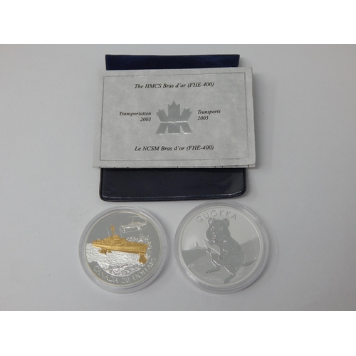 130 - Australia 2020 Quokka 1 Ounce 9999 Silver coin; The HMCS Bras d'or Silver Crown sized 2003 with cert... 