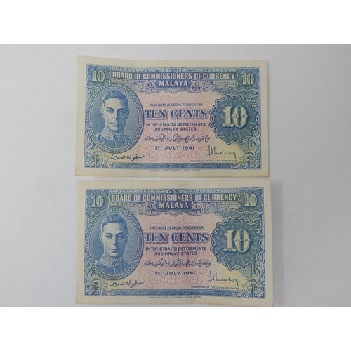 131 - Malaya and Straits Settlements George VI Ten Cents banknotes dated 1st July 1941 x 2 Very Fine or be... 