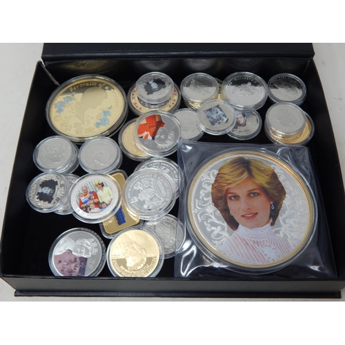 102 - A large collection of Gold Plated and colour enhanced coins etc including large Diana and much Queen... 