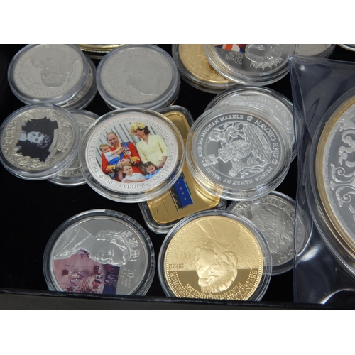 102 - A large collection of Gold Plated and colour enhanced coins etc including large Diana and much Queen... 