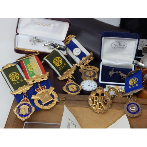 104 - A large box containing a selection of Aircraft cufflinks; Military buttons; large selection of Lodge... 