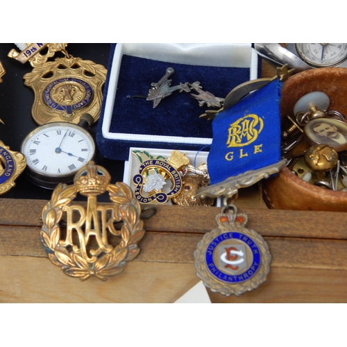 104 - A large box containing a selection of Aircraft cufflinks; Military buttons; large selection of Lodge... 