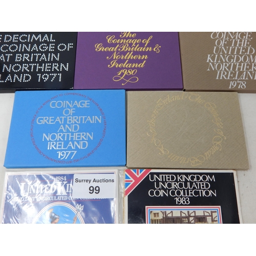 99 - UK Brilliant Uncirculated Coin sets 1983, 1984; UK Proof Sets 1971, 1973, 1974, 1975, 1976, 1977, 19... 