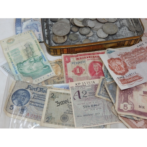 34 - Vintage tin containing a selection of Foreign Silver coinage including USA, Netherlands 21/2 Guilder... 