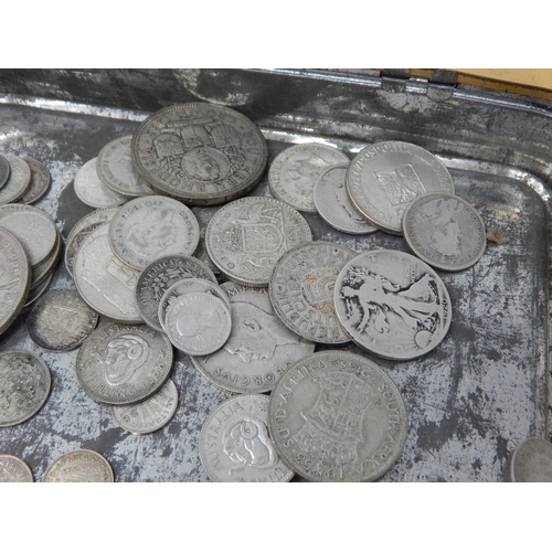 34 - Vintage tin containing a selection of Foreign Silver coinage including USA, Netherlands 21/2 Guilder... 