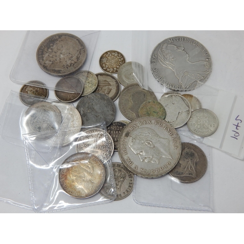 Large assortment of GB and World Silver coinage including Russia Imperial Silver Rouble 1897, rare; South Africa ZAR Silver Shillings Boar War 1895, 1896; Spain Madrid 40 Cent 1865 Isabel; UK George V Crown 1935; Maria Theresa Silver Thaler dated 1780; other misc Silver coins various states of preservation (lot)