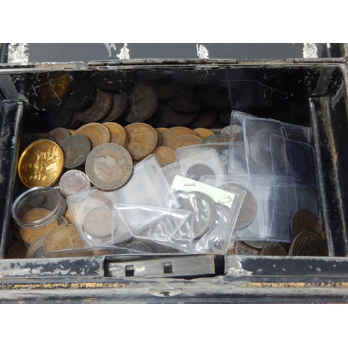 40 - Vintage tin containing a large selection of early copper coinage including Roman, early Farthings, C... 