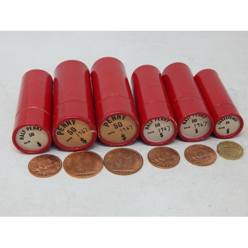 Hoard of Brilliant Uncirculated coins from Mint sacks Pennies 1967(100); Halfpennies 1967(150); Brass Threepences 1967(25) all housed in red vintage Sandhill tubes (lot)