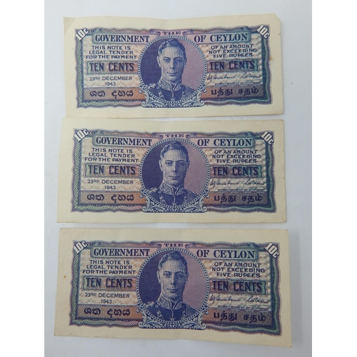 132 - Government of Ceylon Ten Cents Banknotes dated 23 December 1943 x 3