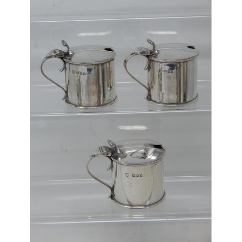 Set of 3 Silver Drum Mustards Hallmarked London 1931 by JBC & S Ltd: No Liners: Weight 190g