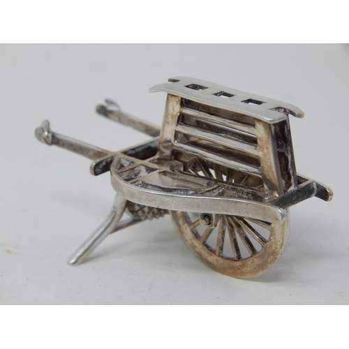 43 - C19th Chinese Hallmarked Silver Model of a Barrow with Moving Wheel by Cumwo: Measures 6cm wide