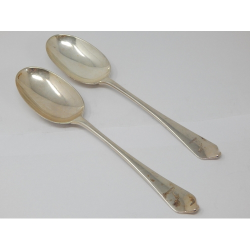 112 - 2 x Silver Rat Tail Table Spoons: Hallmarked London 1929 by Lionel Alfred Crichton, Old Bond Street ... 