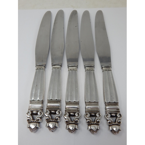 117 - GEORG JENSEN: Set of 5 Large Acorn Pattern Sterling Silver Handled Dinner Knives Designed in 1915 by... 