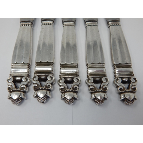 117 - GEORG JENSEN: Set of 5 Large Acorn Pattern Sterling Silver Handled Dinner Knives Designed in 1915 by... 