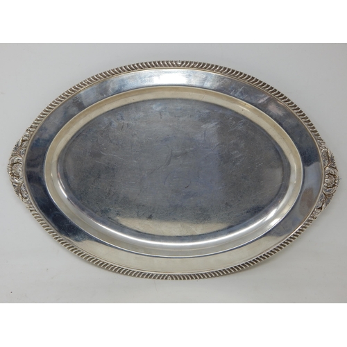 Sterling Silver Oval Serving Tray with gadrooned rim & shell & leaf decoration: Measuring 44cm x 29.5cm: Weight 1170g