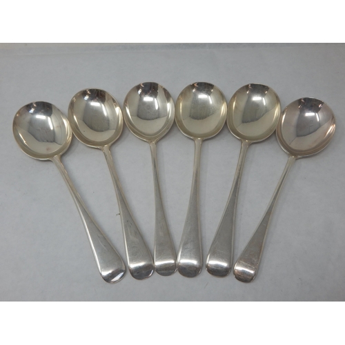 131 - 6 x Hallmarked Silver Soup Spoons: Various Dates & Makers: Length 19.5cm: Weight 380g