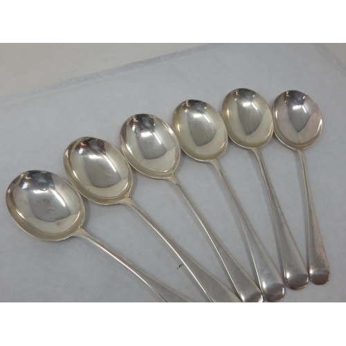 131 - 6 x Hallmarked Silver Soup Spoons: Various Dates & Makers: Length 19.5cm: Weight 380g