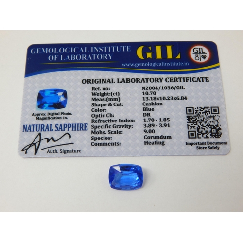 A 10.70ct Cushion Cut Sapphire with G.I.L Certificate of Authenticity.