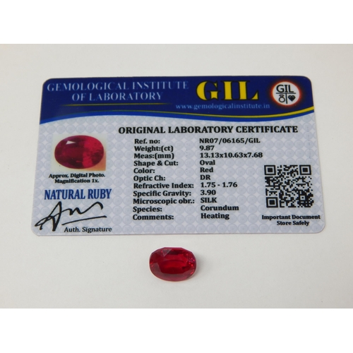 A 9.87ct Oval Cut Ruby with G.I.L Certificate of Authenticity.