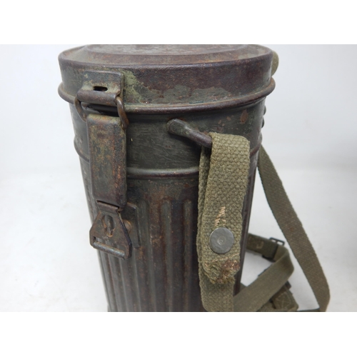 286 - WW2 German gasmask case with gas mask and straps (no filter). Spring closure strap unattached but pr... 