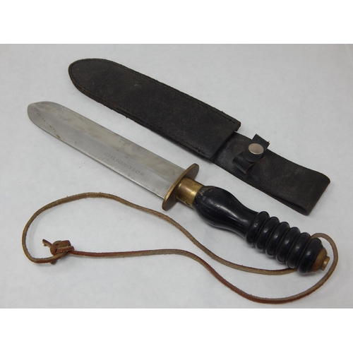 WW2 Siebe Gorman Dive knife with non-magnetic blade and inch measurements inscribed on the blade. With contemporary scabbard