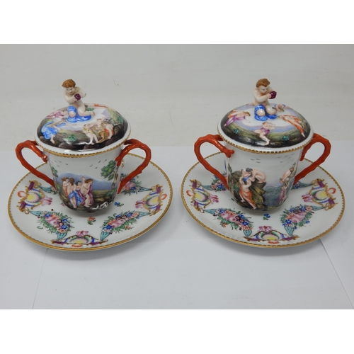 294 - A Pair of C19th Naples Capodimonte Chocolate Cups, Covers & Saucers with Figurative Classical Scenes... 