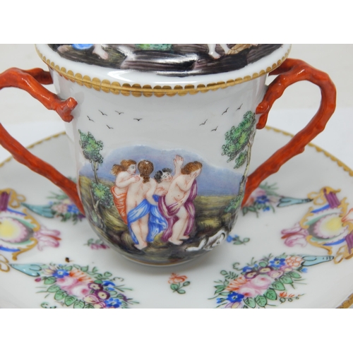 294 - A Pair of C19th Naples Capodimonte Chocolate Cups, Covers & Saucers with Figurative Classical Scenes... 