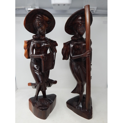 299 - Large Pair of Oriental Hardwood Female Figures: Height 54cm