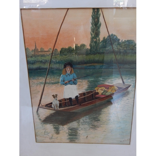 300 - Watercolour of a Girl with Dog Fishing. Titled 