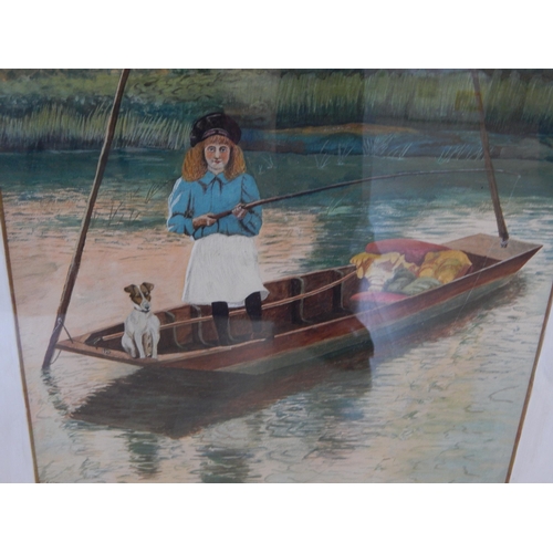 300 - Watercolour of a Girl with Dog Fishing. Titled 