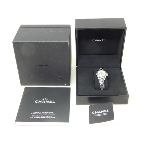CHANEL: J12 Quartz Ladies Wristwatch: Model M3254: Stainless Steel Case & Bracelet: Dial Set with 8 Diamonds: Sweep Seconds Hand: Last Serviced by Cartier 01/2021 with Service Booklet & Instruction Manual in Original Fitted Case with Outer Box & Chanel Soft Case. Serial Number: PRN37860