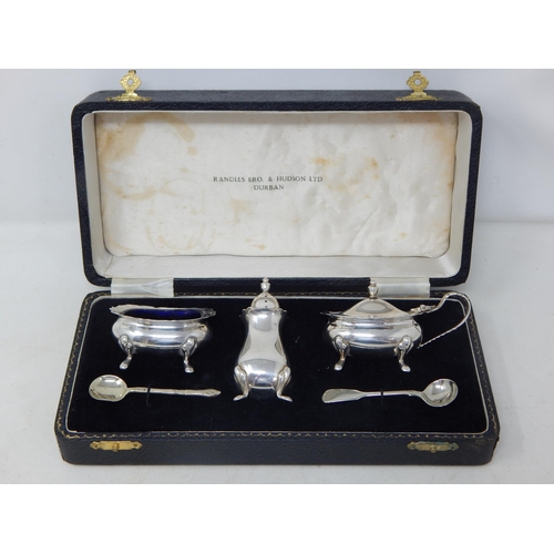 Silver Three Piece Cruet Set Hallmarked Birmingham 1971 by J.B Chatterley & Sons Ltd in Original Fitted Case. Associated Spoons are Plated.