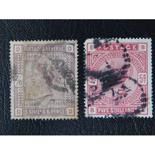 92 - GB QV 1883-84 2s6d lilac & 5s rose SG178 & 1880 ave.u (5s with blunt corner perf) (cat £410)