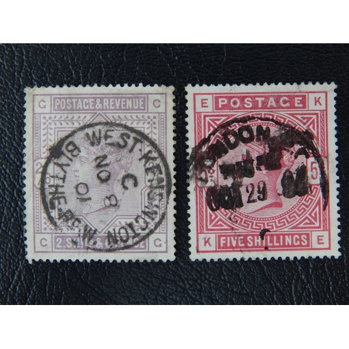 93 - GB QV 1883-84 2s6d lilac & 5s rose SG178 & 180 FU (2s6d with West Kensington cds & 5s with part Lond... 