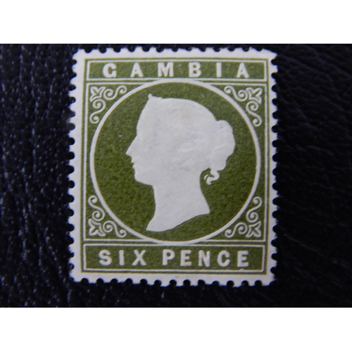 372 - Gambia QV 6d olive-green SG32a sloping label MLH.