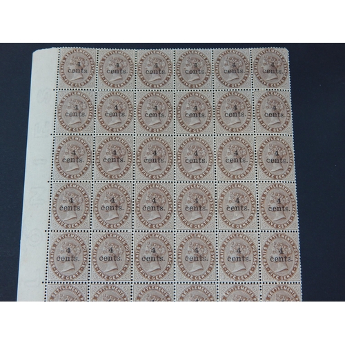 335 - Block of 60 x Straits Settlements Five Cents QV stamps overprinted 4 cents UMM (cat £148)