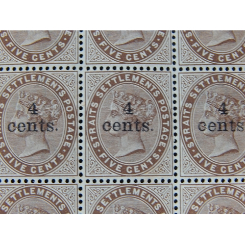 335 - Block of 60 x Straits Settlements Five Cents QV stamps overprinted 4 cents UMM (cat £148)