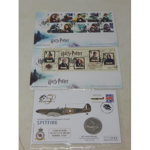 899 - Pair of Harry Potter First Day Covers; Battle of Britain Memorial Flight Spitfire 50th Anniversary C... 