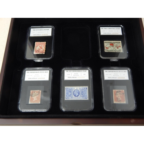 900 - Collection of Philatelic Legends stamps (5) in plastic slabs in collectors presentation case