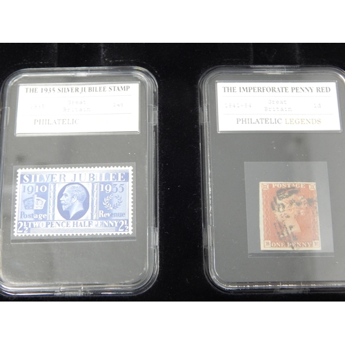 900 - Collection of Philatelic Legends stamps (5) in plastic slabs in collectors presentation case